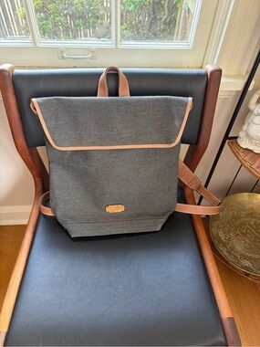 Roll-Top Canvas Backpack with Leather Trim - Gray and Tan